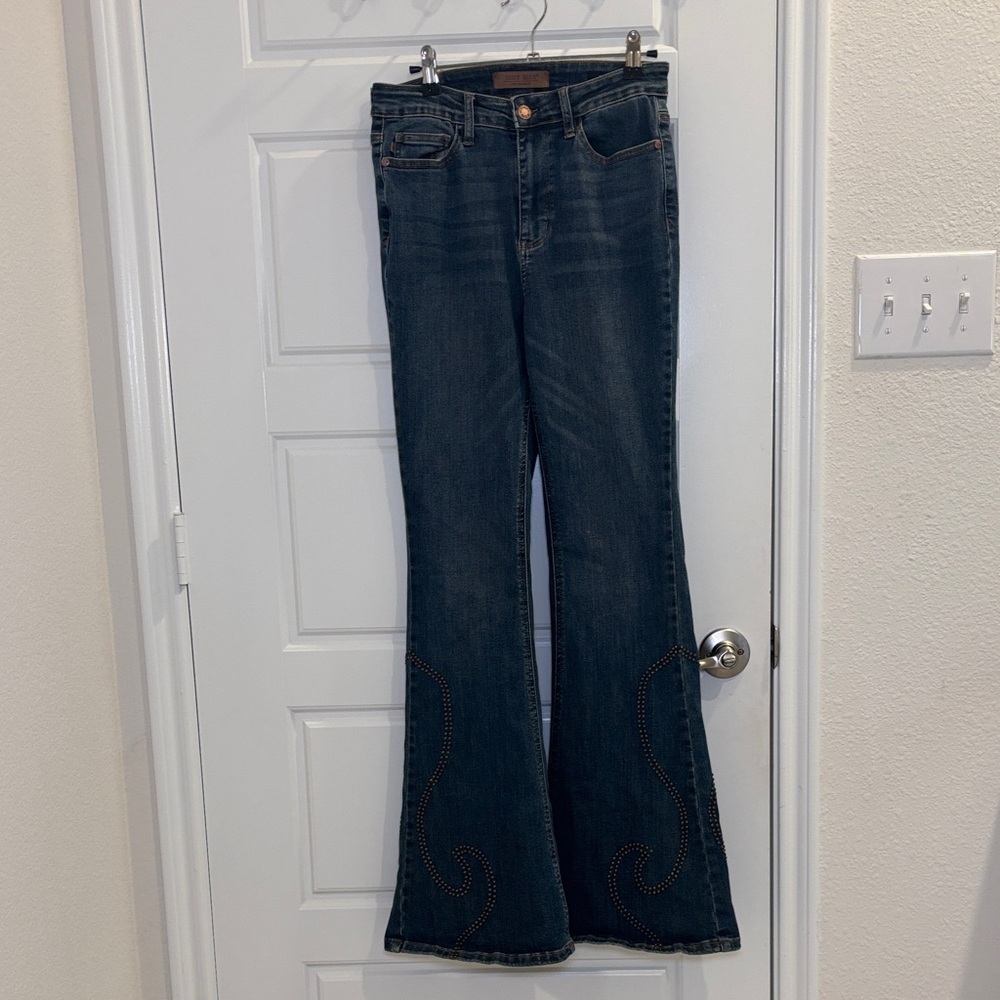 Judy Blue High Rise Flare Studded Western Boho Festival Medium Wash Size 27